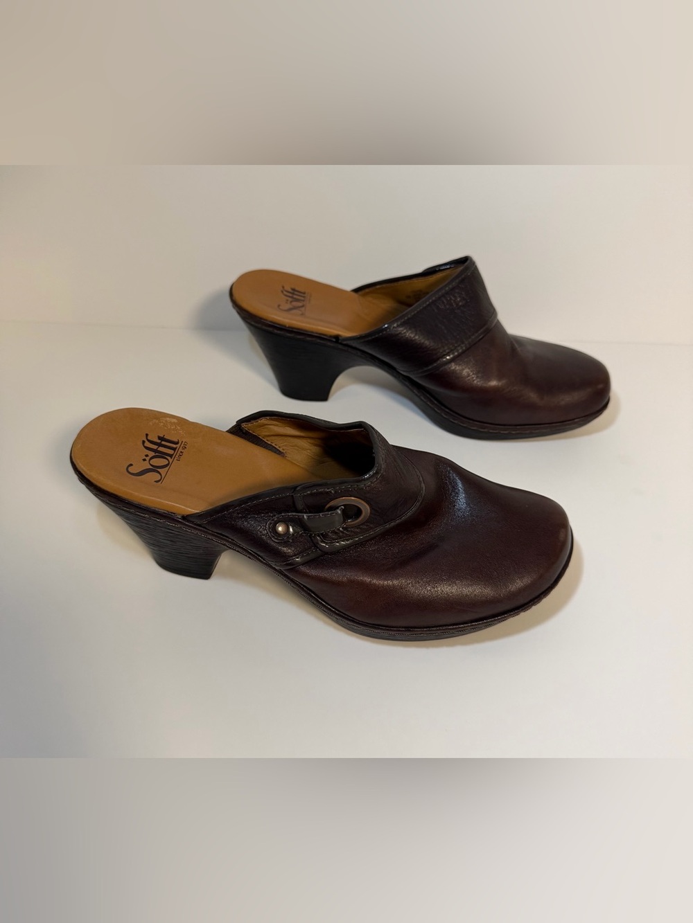 Sofft Pebbled Leather Clogs Shoes Heels Slip On Mules Brown Women's 8M